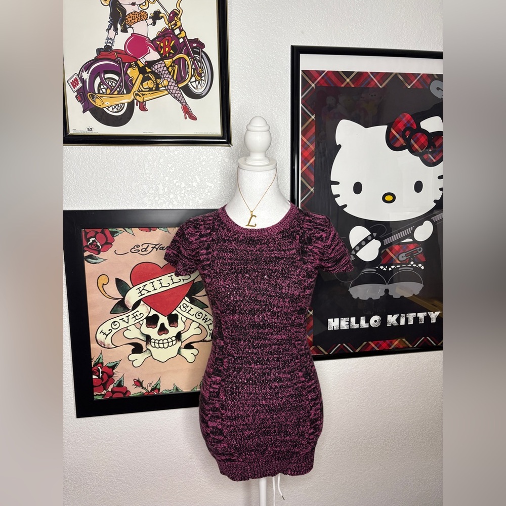 Star Ride Pink Black Knitted Mini Dress Top Fall Cozy Y2K